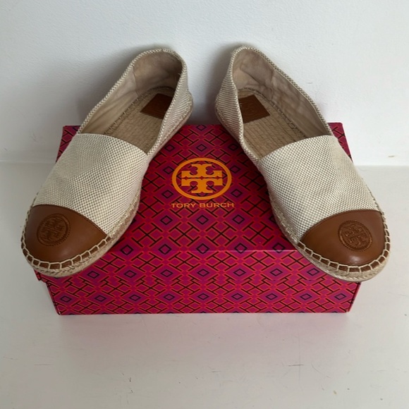 Tory Burch Color Block Canvas/Leather Espadrille Cream/Brown NWOT Size 9.5 - Picture 1 of 10